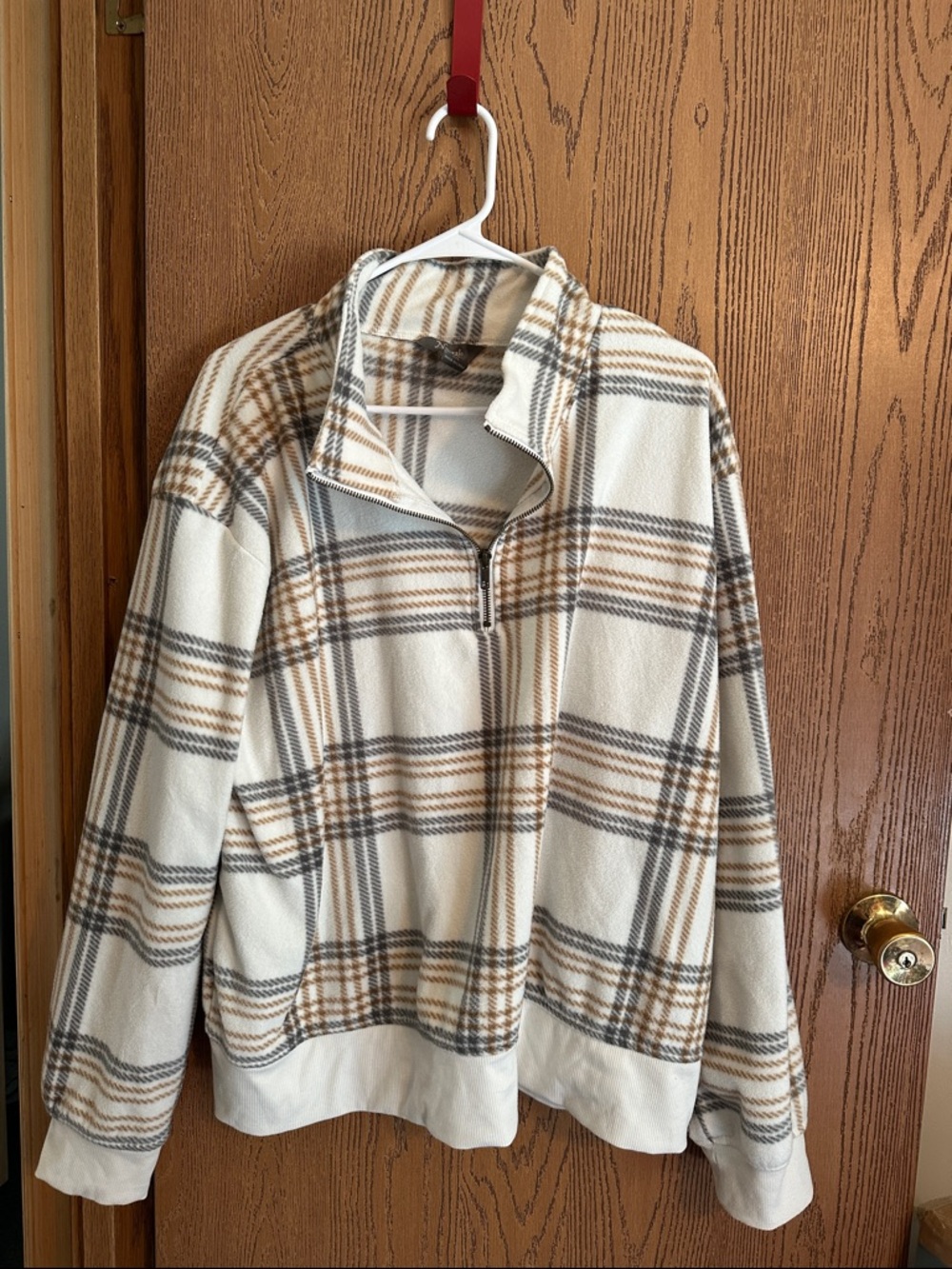 Natural Reflections Cream Fleece Top with Tan and Gray Plaid